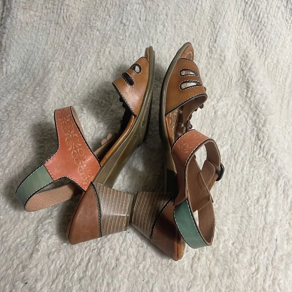 L'ATISTE by Spring Step Yovela multi color Floral Sandals block heels SZ42 US10
